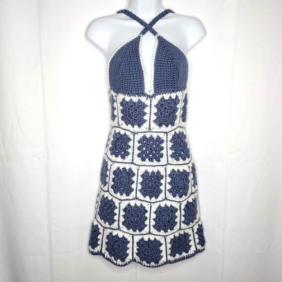 Handmade Dresses & Skirts - Handmade Crochet Sweater Dress XS S Short Halter Top Granny Squares Blue White